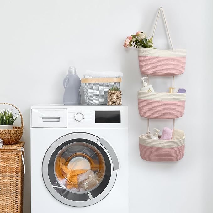 TeoKJ Over the Door Organizer, 3-Tier Woven Cotton Hanging Kitchen Baskets Storage Organizer Bag with Hooks Wall-Mounted Decorative Rope Baskets - Pink+White