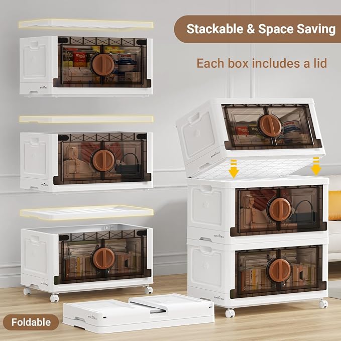 BROVIEW 480Qt Lockable Stackable Storage Bins with Lids, Closet Organizers and Storage Drawer, Collapsible Storage Bin with Wheels, Plastic Cabinet for Toy Clothes Dorm Organizer, V9 4 Pack Brown