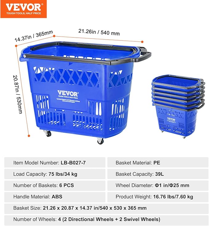 VEVOR Shopping Carts with Handles, 6PCS, 39L Plastic Rolling Shopping Basket with Wheels, Large Portable Shopping Basket Set for Supermarkets, Retail Stores, Grocery Shopping, Blue
