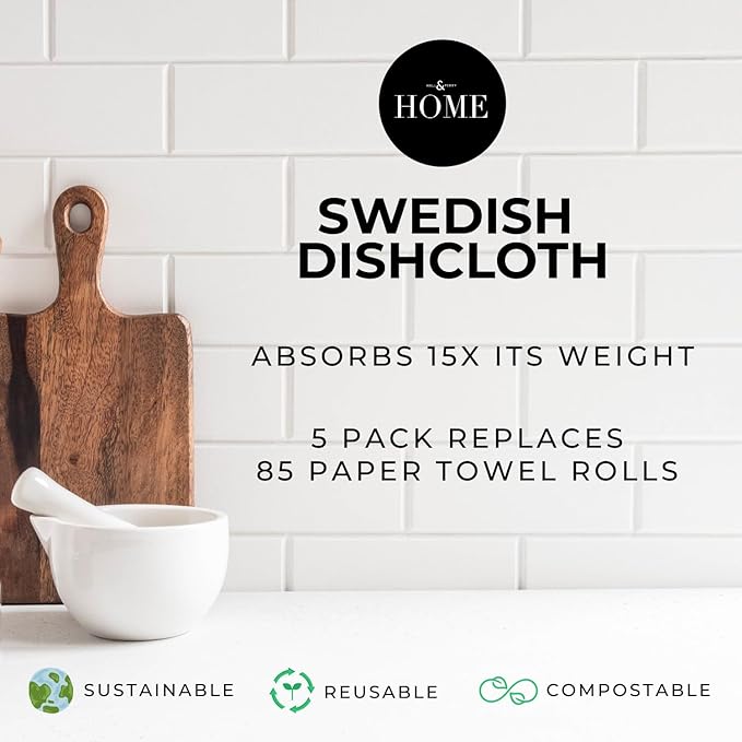 HALL & PERRY Swedish Dishcloths for Kitchen, 5-Pack, Reusable Cellulose Sponge Cloths for Kitchen & Cleaning – Eco-Friendly, Ultra-Absorbent, Quick-Drying (Lemon Yellow)