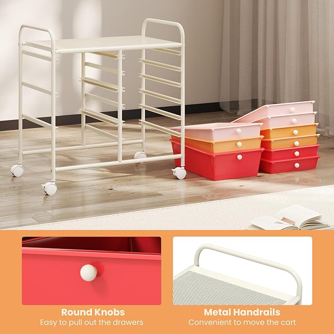 GOFLAME 9-Drawer Rolling Storage Cart, Mobile Utility Cart with Removable Drawers & Metal Frame, Art Craft Organizer Cart with Lockable Wheels, Storage Drawer Cart for Home Office, Macaron Color