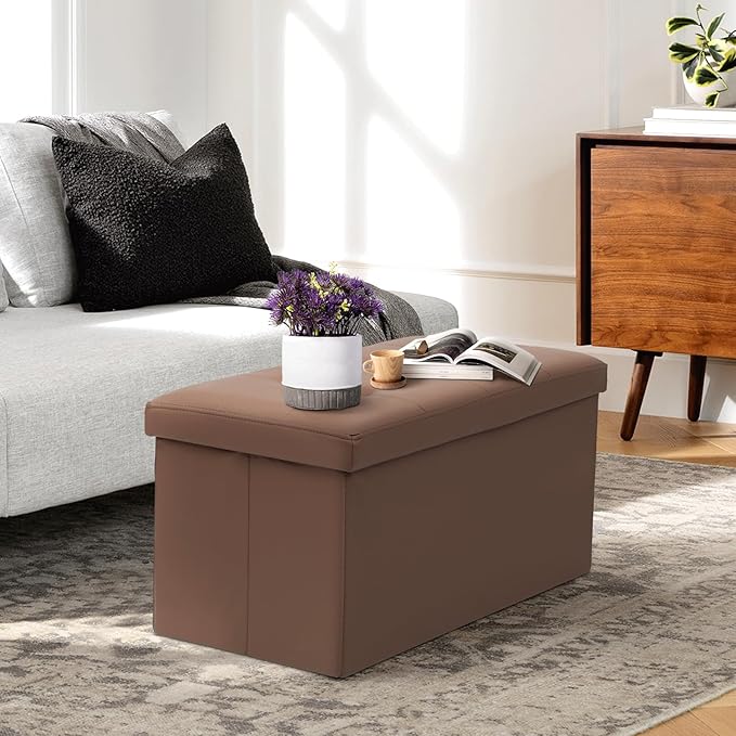 Athena Collection 30" Storage Ottoman Bench Folding Bench with 90L Hidden Storage, Large End of Bed Bench PU Leather Foot Rest Stool Chest with Flipping Lid for Living Room, Bedroom, Entryway, Brown