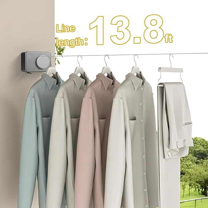 Retractable Clothesline Indoor/Outdoor, Anti-Sag for Drying Clothes Line Retracting Indoor/Outdoor, We Equipped This 13.8 Fts Laundry line Retractable with 4 Large Clips