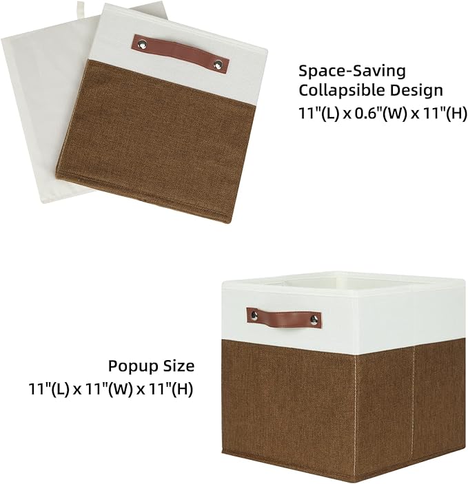 HNZIGE Fabric Cubes Storage Bins Set of 4,11 x 11 Clothes Storage Cube Baskets,Cube Organizing Bins for Shelves with Handles,Canvas Baskets for Organizing Home(Brown White)