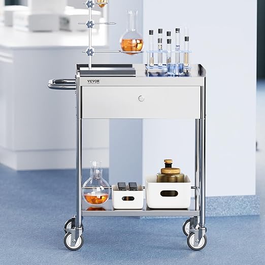 VEVOR Medical Cart, 2-Layer Stainless Steel Cart 220 lbs Weight Capacity, Lab Utility Cart with 360° Silent Wheels and a Drawer for Lab, Clinic, Kitchen, Salon, 141002