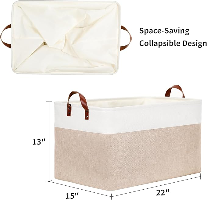 DULLEMELO 70L Extra Large Storage Bin, 22" x 15" x 13" Oversized Storage Basket, Collapsible Storage Box, Fabric Clothes Toys Blanket Basket for Shelves, Laundry, Nursery (White&Khaki)
