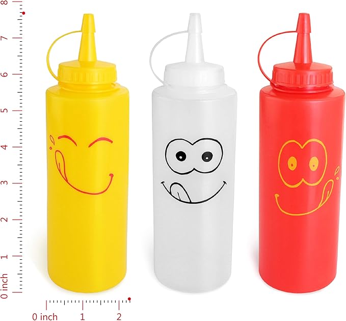 New Star Foodservice 28560 Smiley Faces Squeeze Bottle Set, Plastic, Red, Yellow, and Clear, 12 oz