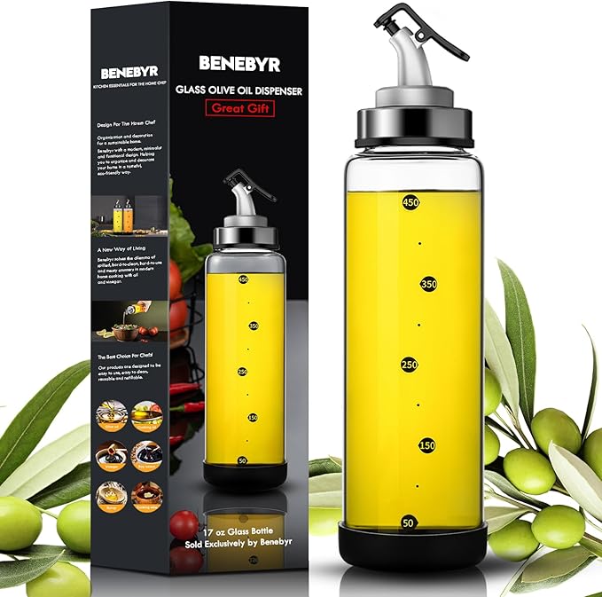Glass Olive Oil Dispenser Bottle with Leakproof Pourer Spout and Shatterproof Rubber Bottom, Cooking Oil Dispenser Bottle for Kitchen 17 oz Heat Resistant Olive Oil Bottle