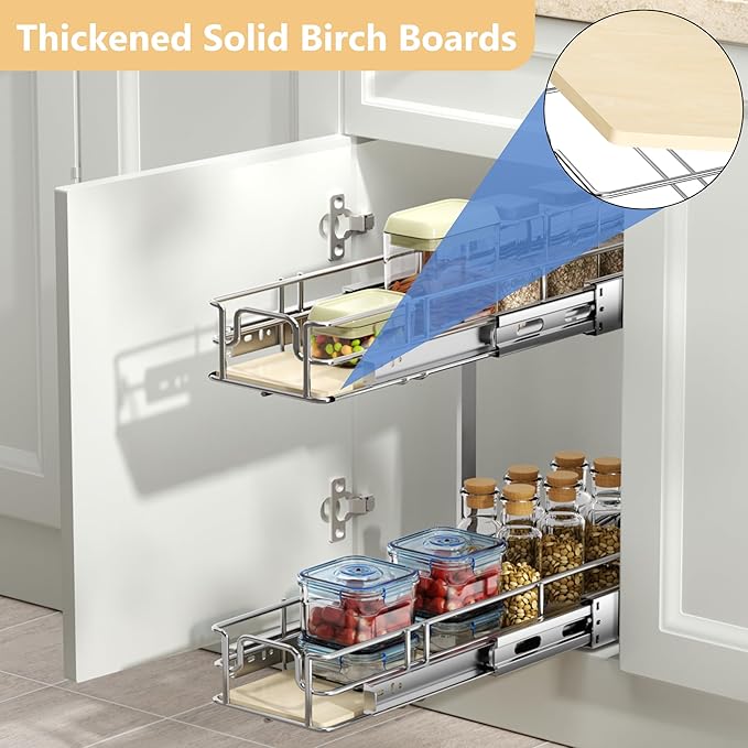 ROOMTEC 2 Tier Individual Pull Out Cabinet Organizer 7½"W x 21½"D, Slide Out Wood Shelves Organizers, Pull Out Drawers Organization and Storage for Kitchen Cabinet