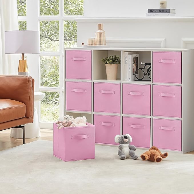 Lifewit 10 Packs Storage Cubes, 11 Inch Cube Storage Bins, Foldable Decorative Fabric Storage Baskets for Organizing Home Organizers with Handles for Shelves, Closet, Pink