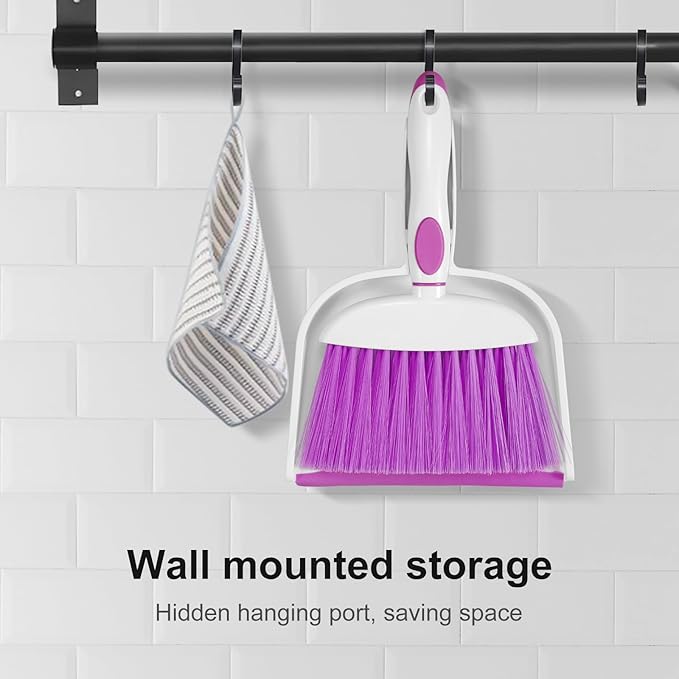 NACENA Small Dust Pan and Brush Set, Mini Broom and Dustpan Set Small Hand Broom and Brush Combo Dust Pan with Teeth for Home Cleaning Drawers Desktop Sofas Pet Care and Outdoor, Purple