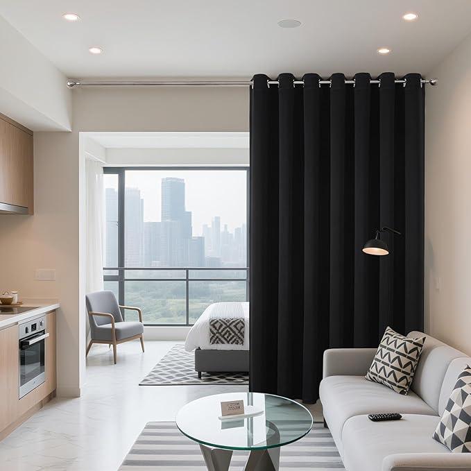 Joydeco Blackout Patio Sliding Door Curtains 84 Inches Long, Grommet Privacy Room Divider Curtains, Extra Wide Thermal Blackout Drapes for Bedroom Living Room (Black, 70Wx84L, 1 Panel)