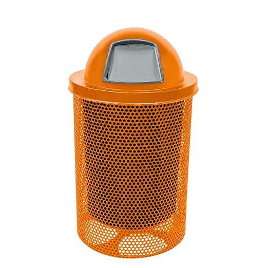 COATEDOUTDOORFURNITURE RDT-P-ORG Heavy Duty Round Trash Receptacle with Dome Top, Liner Included, 32 Gallon, Orange, Made in America