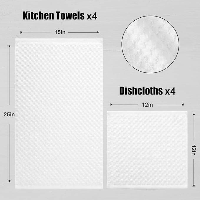 Fintale 100% Cotton Kitchen Towels and Dishcloths Set, 12 x 12 & 15 x 25 Inches, Set of 8 Bulk Super Soft and Absorbent Terry Cloth Dish Towels, Quick Drying Hand Towels with Hanging Loop, White