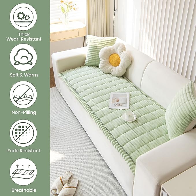 OTOB Dog Couch Covers for 3 Cushion Washable Non Slip Plush Pet Friendly Bed Mat Sofa Cover for Dogs, All Seasons Cozy Soft Fuzzy Furniture Protector Sofa Slipcovers (Matcha Green, 27.6" x 59.1")