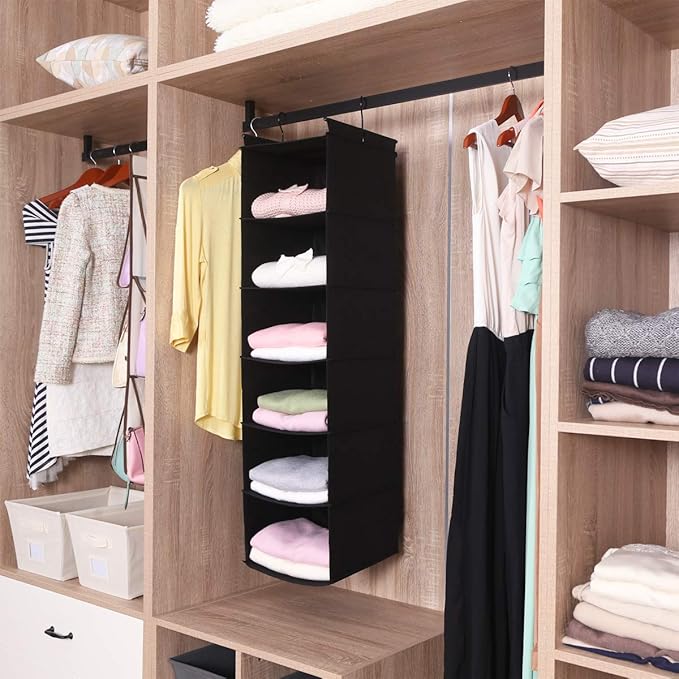 MAX Houser 6 Tier Shelf Hanging Closet Organizer, Closet Hanging Shelf with 2 Sturdy Hooks for Storage, Foldable (Black)