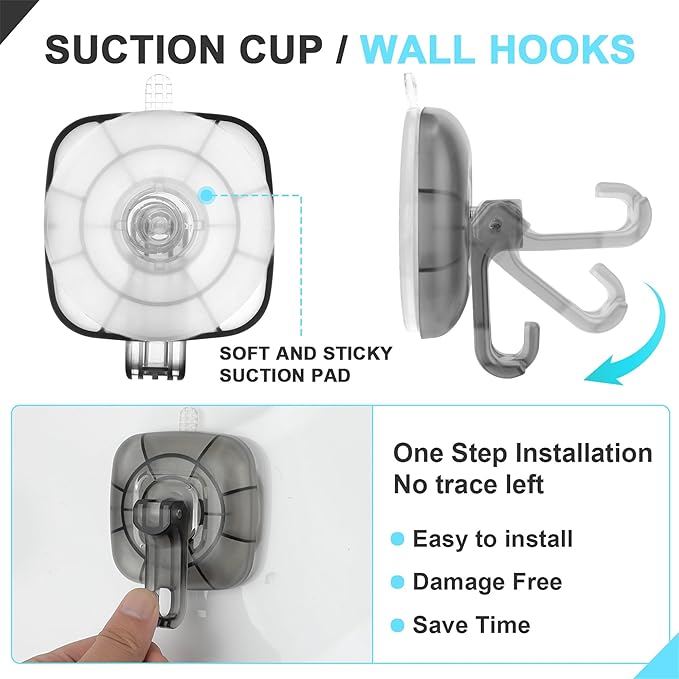 22 lb Heavy Duty Suction Cup Hooks 4 Pack - 360° Rotating Shower Hooks for Bathroom, Wall, Glass Door, Window Hanging Foldable Holder for Towel, Wreath, Cups (ABS+PC) No Drill Suction Hook Reusable