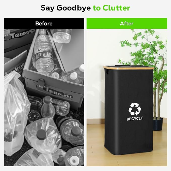 Recycling Bin for Kitchen 100L, 26 Gallon Recycle Bin with 2 Removeable Reusable Waterproof Inner Bag, Large Recycling Bin with Lid for Bottle Can Plastice Stickers (Black)