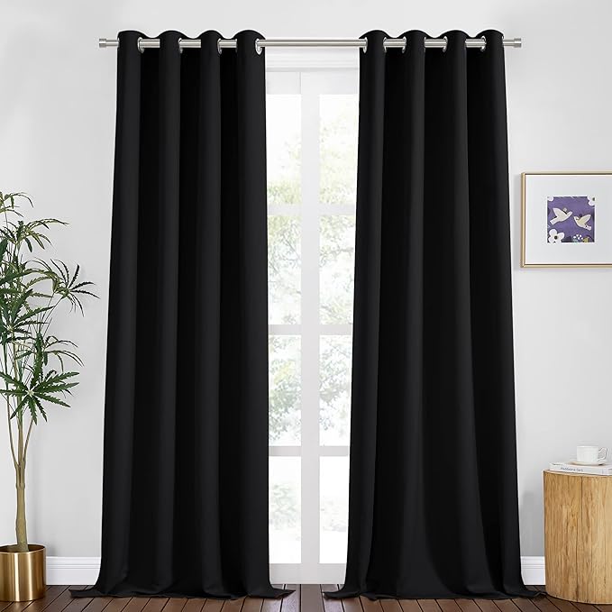 PONY DANCE Blackout Curtains for Bedroom - Noise Reductiong Window Drapes Room Darkening Thermal Insulated Curtains for Living Room/Dorways, 2 Panels, 55 x 94 inch, Black