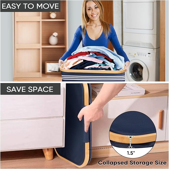 BALEINE Laundry Hamper with Lid, Tall Laundry Baskets with Bamboo Pull Handles, Large Laundry Bin with Internal Support (26 Gal/100L, Blue Pinstripe)