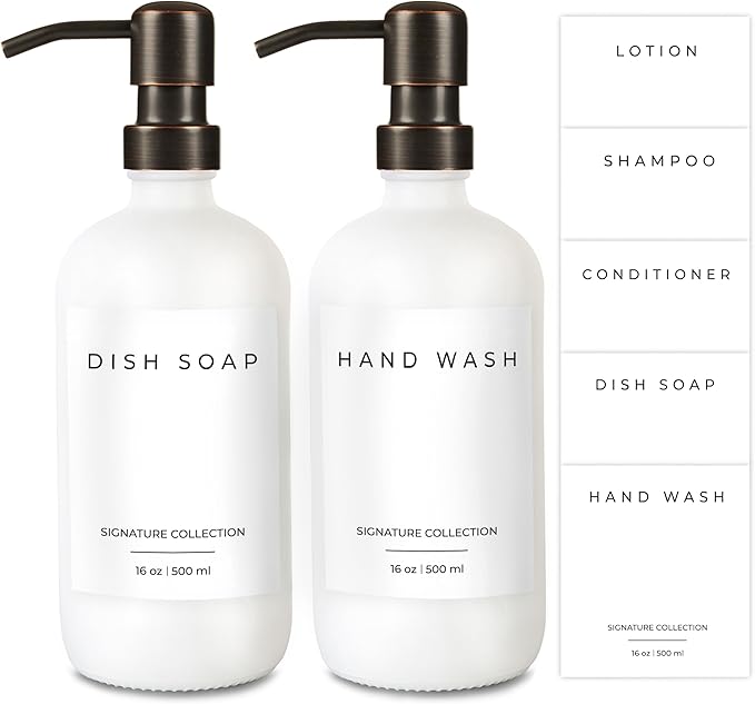 Emerson Soap Dispenser, Dish Soap Dispenser for Kitchen, Soap Dispenser Bathroom Set - Hand Soap Dispenser, Kitchen Soap Dispenser Set, Glass Soap Dispenser with Pump and Labels - 16 Oz | 2 Pack