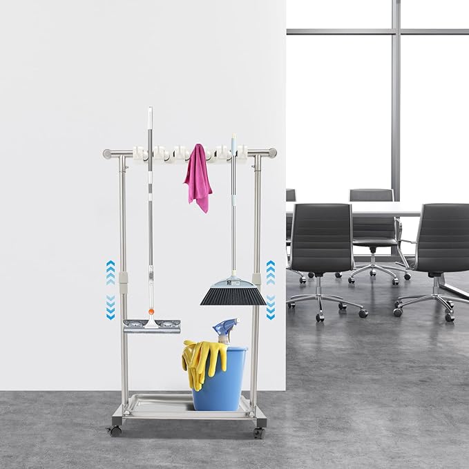 Broom Mop Holder, Movable Put Wet Mops Broom Floor Standing Cleaning Tool Rack 6 Hook and 5 Slots, Stainless Steel Cleaning Supplies Organizer for Home Schools Hospitals Factories Hotels Restaurant