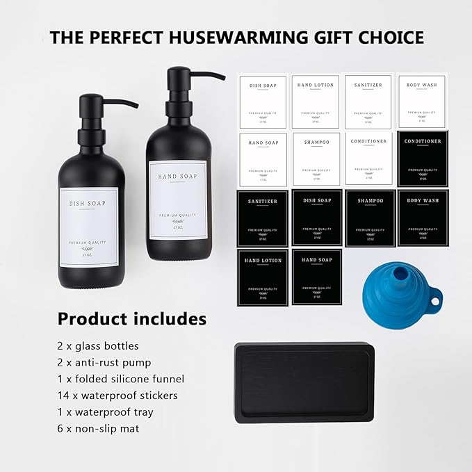 Black Thick Glass Soap Dispenser - Farmhouse Kitchen Dish &Hand Soap Dispenser Set, 304 Rustproof Pump Lotion Dispenser Bathroom with Tray, 14 Waterproof Stickers for Kitchen Decor Sink