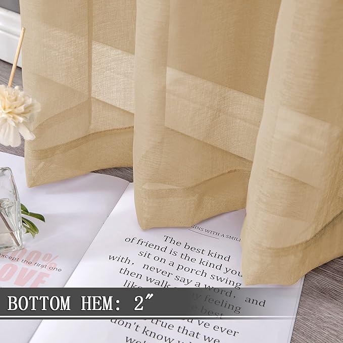 Tollpiz Sheer Curtains Living Room Linen Textured Curtain Sheers Light Filtering Voile Rod Pocket Curtains for Bedroom, 38 x 63 inches Long, Beige, Set of 2 Panels