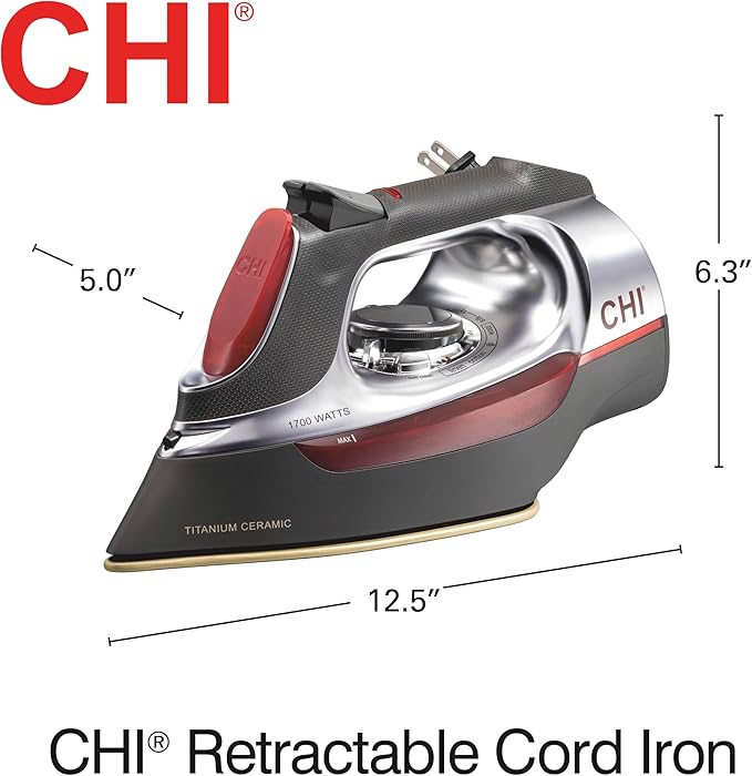 CHI Steam Iron for Clothes with 8’ Retractable Cord, 1700 Watts, 3-Way Auto Shutoff, 400+ Holes, Professional Grade, Temperature Control Dial, Titanium Infused Ceramic Soleplate, Silver (13106)