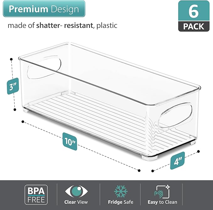Sorbus Stackable Refrigerator Organizer Bins - Clear Storage Bins for Kitchen Pantry, Freezer & Fridge Organization - Food Organizing Plastic Containers with Handles for Countertops & Drawers (6 Pack)