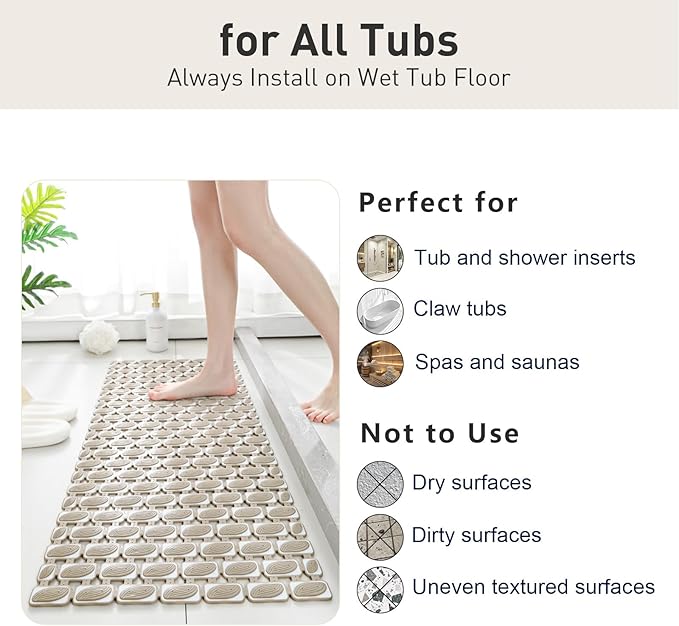 Shower Mat Non Slip Bathtub Mat - 36" x 16" Eco-Friendly Soft Bath Mat for Tub Non Slip Shower Mats for Inside Shower with Suction Cups and Drain Holes, Easy to Clean Quick-Drying, Brown