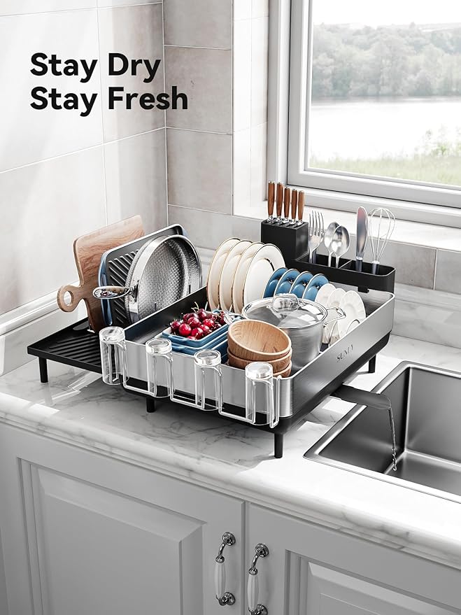 SUNLY Large Dish Drying Rack, Expandable Dish Racks for Kitchen Counter, Space Saving 304 Stainless Steel Drying Rack Kitchen, Extra Large Drainer with Multifunctional Flip Up Pegs, Black