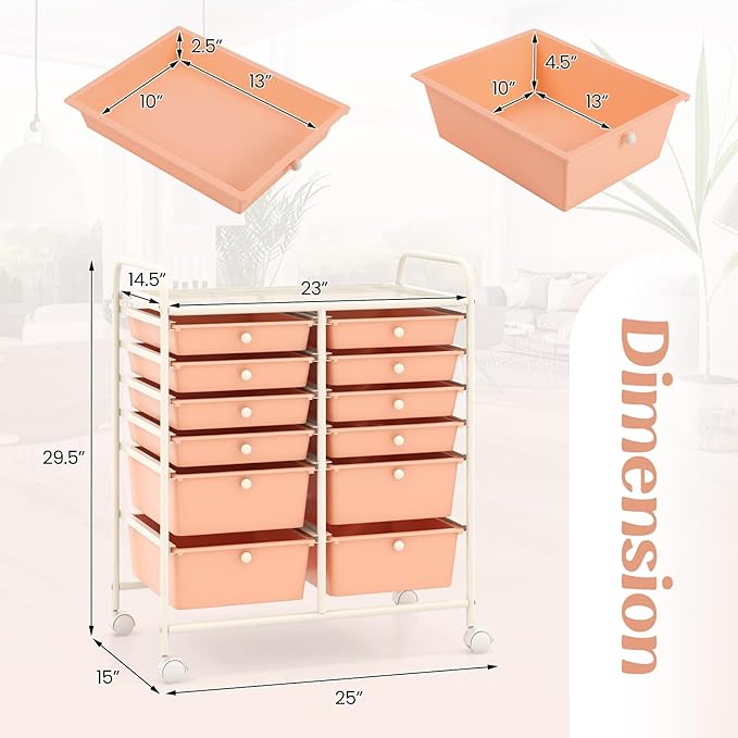 GOFLAME 12-Drawer Rolling Storage Cart, Multipurpose Organizer Cart with 2 Sizes Plastic Drawers, Mobile Utility Cart with Lockable Casters for School, Home Office, Beauty Salon, Peach Fuzz