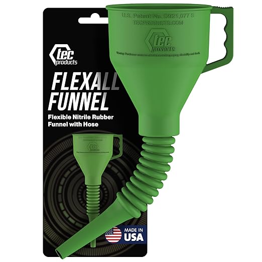 TEC Products FlexAll Long Flexible Funnel for Automotive Use - Durable Nitrile Rubber - Ideal for Car Oil Change, Transmission Funnel Fluid, Diesel, Fuel, Gas - Made in USA - Green (16 x 5 Inches)
