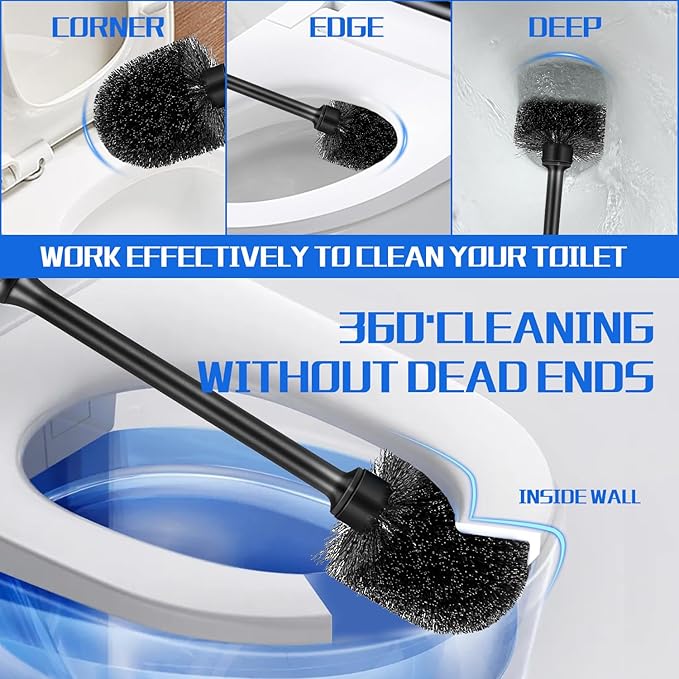 Toilet Brush and Holder 2 Pack with Long Handle - Non-Slip Grip Toilet Bowl Brush Set for Deep Cleaning Bathroom, Toilet Scrubber- Black