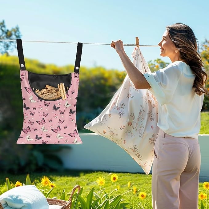 Butterfly Print Clothes Pin Hanging Bag, Stylish Clothespin Bag with Hanging Rope Clothes Pins Bag Holder Outdoor for Clothespin