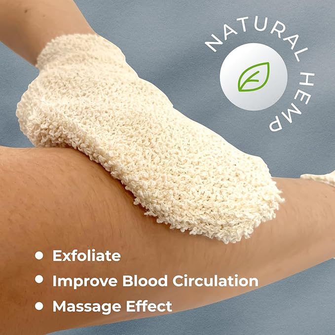 GUARD&MARINE Natural Shower Mitts - Hemp Bath Gloves for Skin Exfoliation, Mitt Washcloth for Body Scrub and Cleansing - Soft Loofah for Men and Women - Set of 2 Wash Mittens