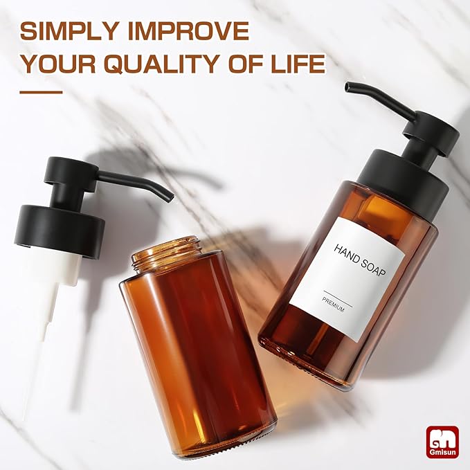 GMISUN Glass Foaming Soap Dispenser, 10 Fl oz / 300ml Amber Glass Soap Dispenser for Bathroom & Kitchen, 2 Pack Modern Refillable Foam Hand Soap Dispensers, Bathroom Hand Soap Dispensers with Labels