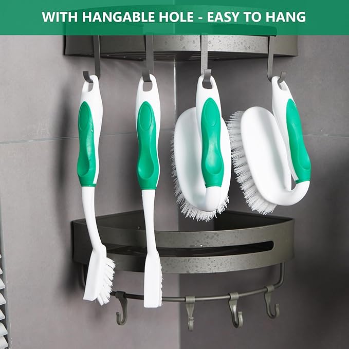 Scrub Brush Set, 4 Pack Deep Cleaning Brush Kit - 2 Scrub Brush, 2 Tile & Grout Brush with Built-in Scraper, Household Commercial Scrubber for Floor, Shower, Pool Wall, Tub (Green)