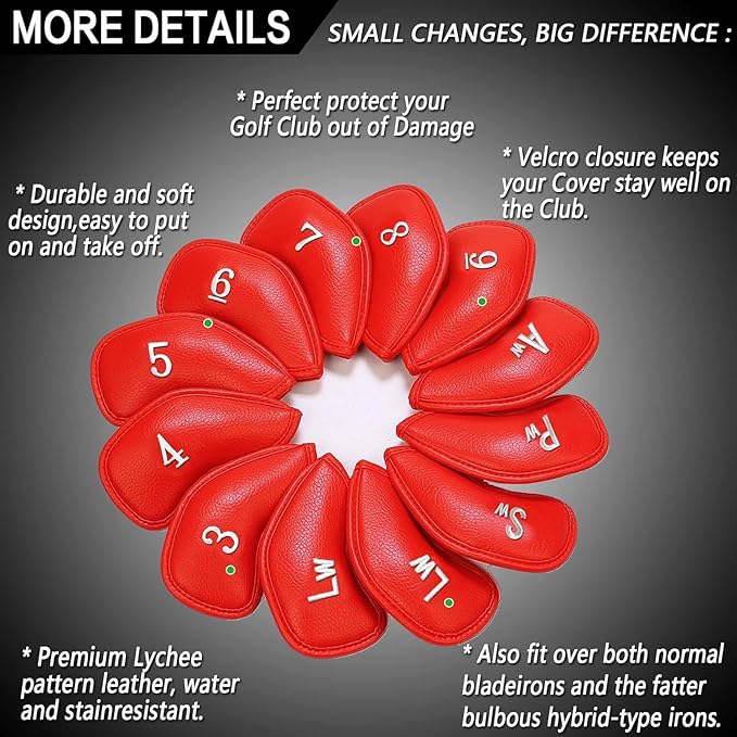 FINGER TEN Premium Synthetic Leather Stylish Iron & Wedge Golf Head Covers Value 12 Piece Set, Embroidered Labels & Fits Most Clubs Gift Set, Travel Protection Accessories