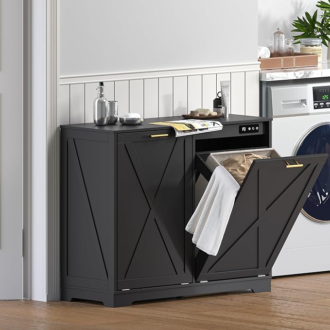 Tilt Out Trash Can Cabinet for 2 Bins, Hidden Recycle Garbage Bin Enclosure, Wooden Double Laundry Cabinet with Odor Control, Negative Ion & Ozone, for Kitchen, Bathroom, Laundry Room