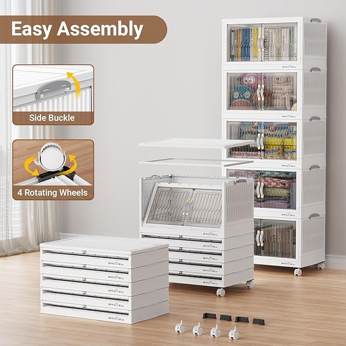 BROVIEW 480Qt Stackable Storage Bins with Lid, Extra Large Closet Organizer Collapsible Drawer Boxes with Wheels, Folding Plastic Cabinet Containers for Home Kitchen Room Organization, 4Pack White