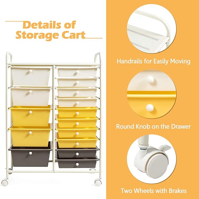 GOFLAME 15-Drawer Rolling Storage Cart, Multipurpose Movable Organizer, Utility Cart for Home, Office, School, Yellow