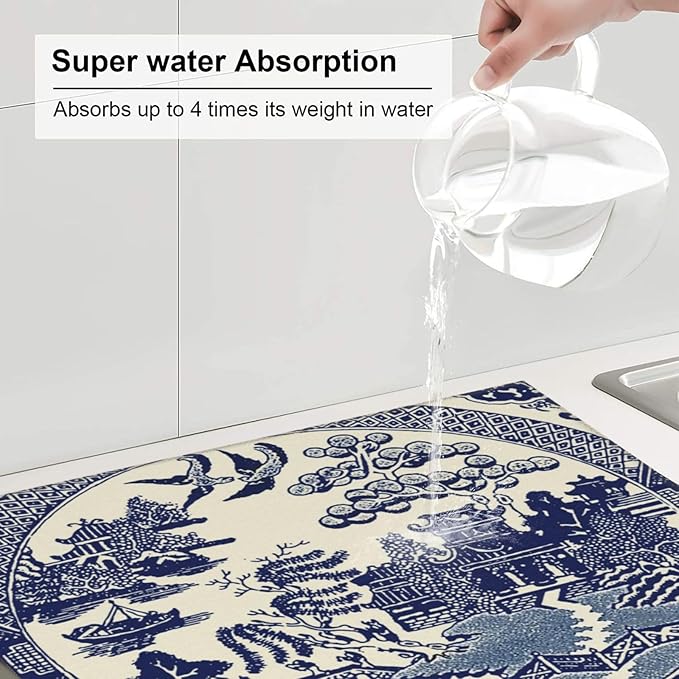 Dish Drying Mat For Kitchen Counter Absorbent Dish Mat Reversible Drainer Drying Kitchen Mat (Oriental Style Chinese Blue Willow, 16"x18")