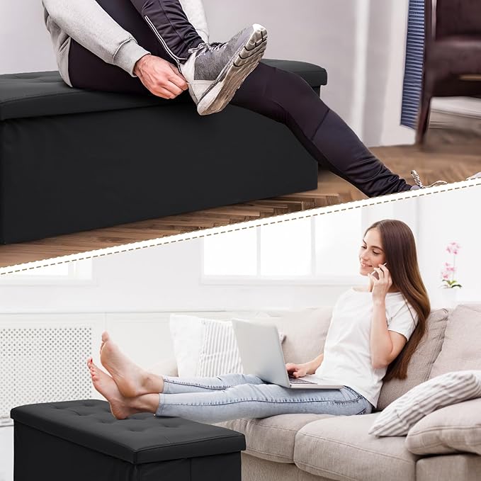 Athena Collection 43" Storage Ottoman Bench Folding Bench with 130L Hidden Storage, Large End of Bed Bench PU Leather Foot Rest Stool Chest with Flipping Lid for Living Room, Bedroom, Entryway, Black