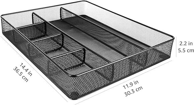 Amazon Basics Desk Drawer Organizer for Office and Home, Metal Mesh, Anti-Slip, 6 Compartments, Black
