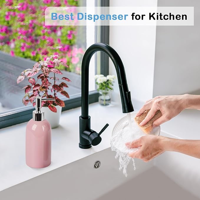 Natheeph 14OZ Ceramic Soap Dispenser Ceramic Soap Pump Dispenser Can Fill Liquid for Bathroom/Kitchen (Pink)