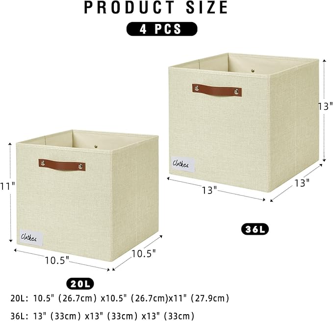 Collapsible Fabric Storage Cube Bins with 2 Reinforced PU Handles, Foldable Storage Organizer Baskets for Closet, Shelves, Living Room | 13"x13"x13", 4 Pack, Full Beige