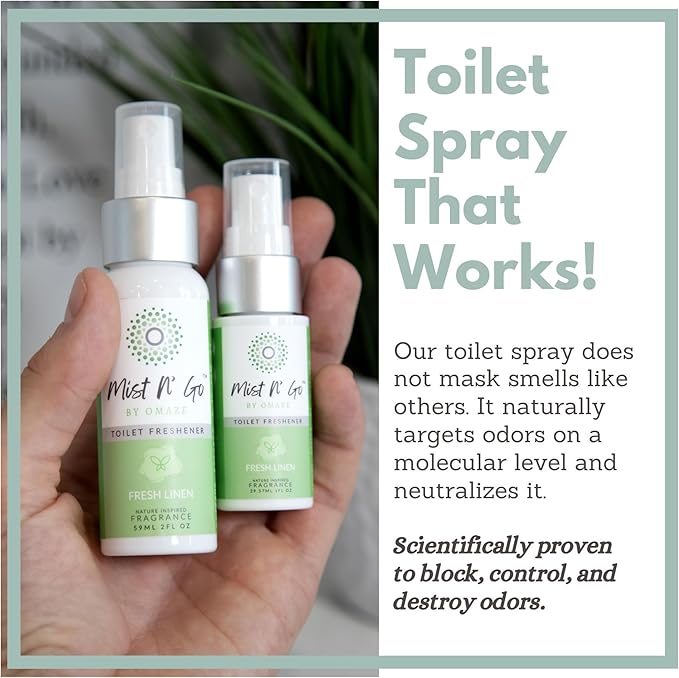 Mist N' Go by Omaze Travel Bathroom Spray - Toilet Odor Eliminator & Air Freshener - Fresh Linen (1oz)