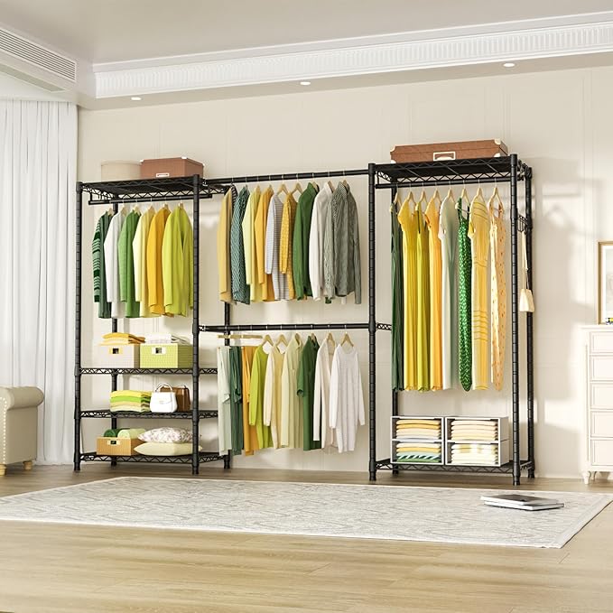 Ulif E1 Heavy Duty Closet Garment Rack, 6 Tiers Adjustable Metal Freestanding Expandable Clothing Storage with 4 Hanger Rods, Easy to Assemble Wardrobe, 71.4" H x (70" - 88.2") L x 14" D, Black